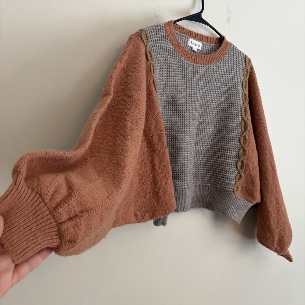 & Merci Colorblock Cropped Sweater Dolman Puff Sleeve Large Grandpacore Neutral - Picture 2 of 7